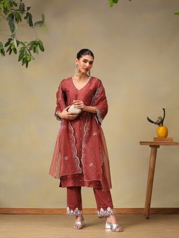 Bani Women - Brown Embroidered Kurta with Pant & Dupatta