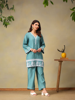 Bani Women - Aqua Cotton Doby Embroidered Co-Ord Set