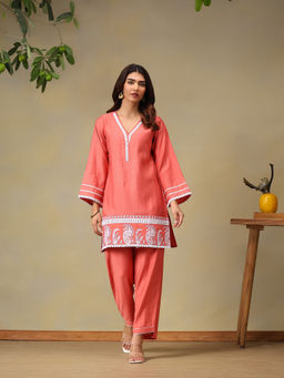 Bani Women - Peach Cotton Doby Embroidered Co-Ord Set