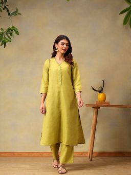 Bani Women - Modern Linen Green Straight Kurta and Pant