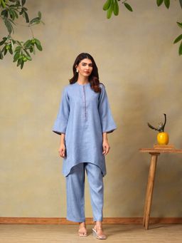 Bani Women - Sky Blue Linen Blend Asymmetrical Kurta and Pant
