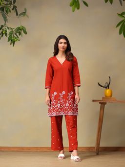 Bani Women - Red Embroidered Pure Cotton Co-Ord Set