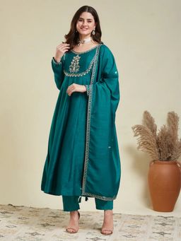 ESTELA - Women Turquoise Embroidered Anarkali Kurta with Pant & Dupatta