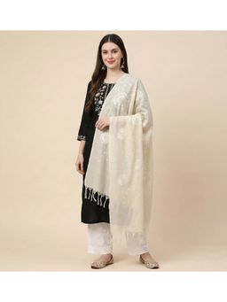 MUFFLY - Women Off White Cotton Floral Embroidered Ethnic Tassel Border Dupatta