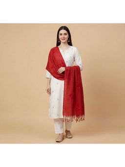 MUFFLY - Women Red Cotton Floral Embroidered Ethnic Tassel Border Dupatta