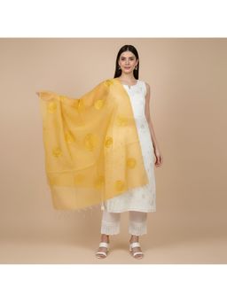 MUFFLY - Women Yellow Cotton Floral Embroidered Ethnic Tassel Border Dupatta