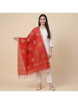 MUFFLY - Women Red Chanderi Silk Gold Zari Buta & Tassel Border Dupatta