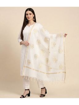 MUFFLY - Women White Chanderi Silk Gold Zari Buta & Tassel Border Dupatta