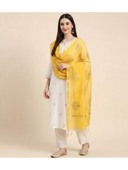 MUFFLY - Women Yellow Chanderi Silk Gold Zari Buta & Tassel Border Dupatta