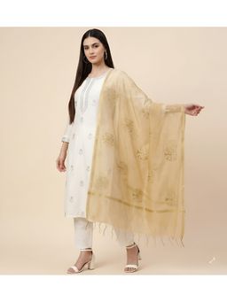 MUFFLY - Women Gold Chanderi Silk Gold Zari Buta & Tassel Border Dupatta