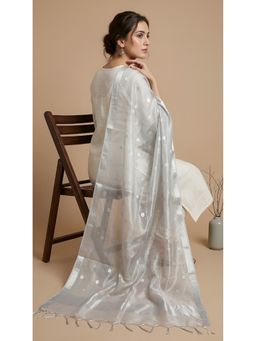 MUFFLY - Women Silver Tissue Zari Work with Tassel Border Dupatta