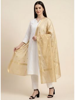 MUFFLY - Women Gold Tissue Zari Buti Work and Tassel Border Dupatta
