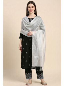 MUFFLY - Women Silver Elegant Organza Buta Zari Border with Tassel Detailing Dupatta