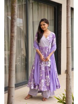 ESTELA - Women Lavender Floral Printed Flared Anarkali Kurta with Pant & Dupatta