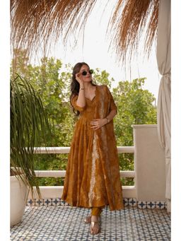 ESTELA - Women Mustard Printed Anarkali Kurta with Pant & Dupatta