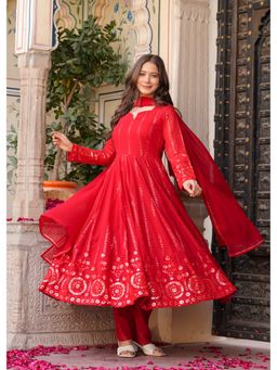 ESTELA - Women Red Embroidered Anarkali Kurta with Pant & Dupatta