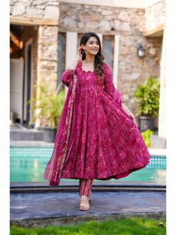 ESTELA - Women Pink Floral Printed Anarkali Kurta with Pant & Dupatta