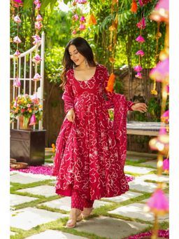 ESTELA - Women Red Floral Printed Anarkali Kurta with Pant & Dupatta
