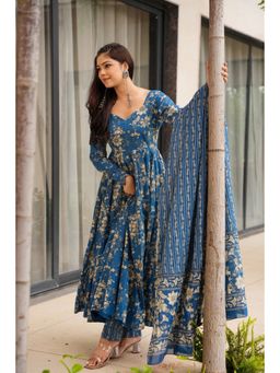 ESTELA - Women Teal Floral Printed Flared Kurta with Pant & Dupatta