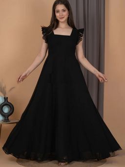 ESTELA - Women Black Ruffle Sleeve Dress