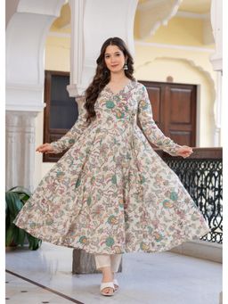 ESTELA - Women Beige Floral Printed Anarkali Kurta and Pant