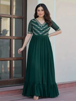 ESTELA - Women Fit And Flared Green Embroidery Dress