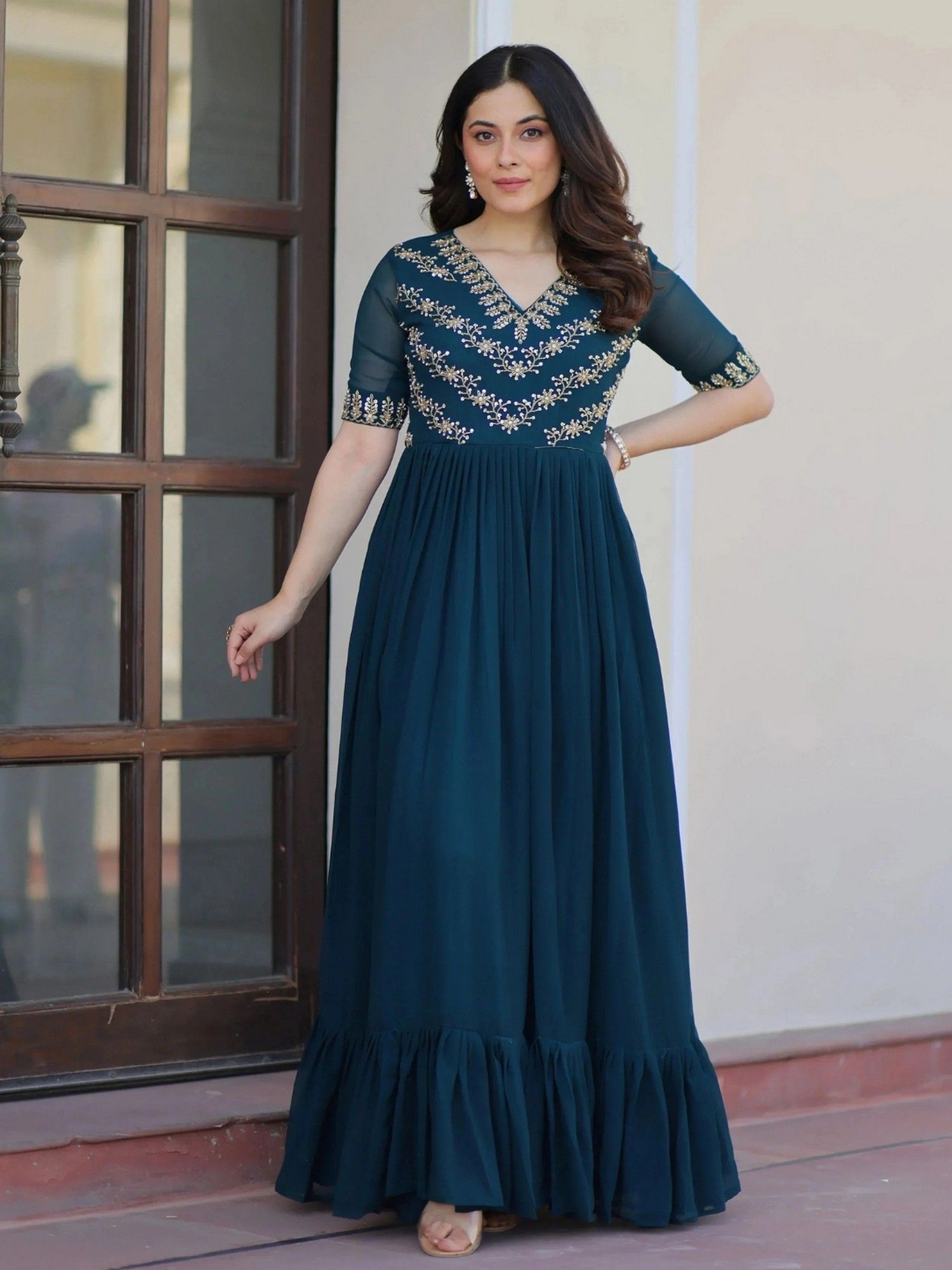 estela Women Fit And Flared Teal Embroidery Dress-picture-12