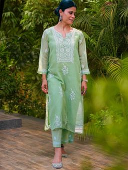 ESTELA - Women Green Embroidered Work Straight Kurta With Pant