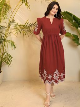 ESTELA - Women Embroidered Maroon Hemline A-Line Dress