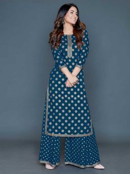 ESTELA - Women Teal Foil Printed Straight Kurta With Palazzo