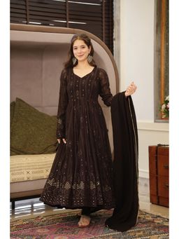 ESTELA - Women Brown Embroidered Anarkali Kurta with Pant & Dupatta