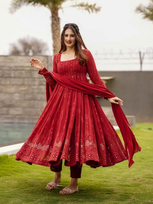 ESTELA Women Red Embroidered Anarkali Kurta with Pant & Dupatta