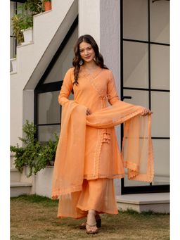 ESTELA - Women Peach Lace Detail Kurta with Palazzo & Dupatta