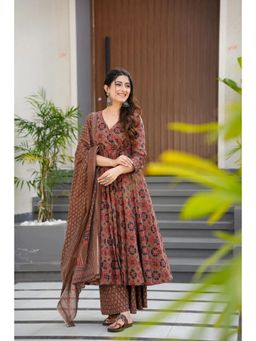 ESTELA - Women Brown Floral Printed Anarkali Kurta with Pant & Dupatta