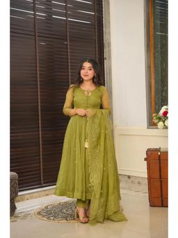 ESTELA - Women Light Green Embroidered Anarkali Kurta with Pant & Dupatta