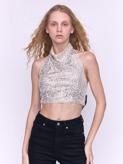 Buy COVER STORY Ivory Sequin Crop Top with Bow (XS) Online