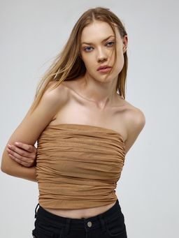 Cover Story - Beige Ruched Strapless Crop Top