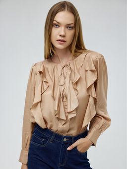 Cover Story - Beige Solid Ruffle Top