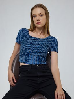 Cover Story - Beverly Blue Stripes Scoop Neck Crop Top