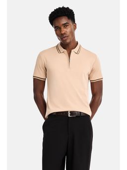 Snitch - Beige Solid Half Sleeves Slim Polo T-Shirt For Men