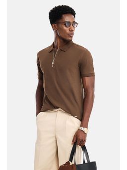 Snitch - Brown Textured Half Sleeves Regular Polo T-Shirt For Men