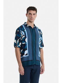 Snitch - Navy Blue Printed Half Sleeves Oversized Party Shirt For Men