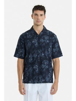 Snitch - Navy Blue Abstract Half Sleeves Boxy Party Shirt For Men
