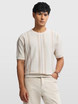 Arrow Newyork - Mens Self Design Vertical Striped Regular Fit T-Shirt