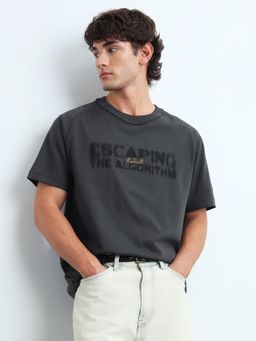 Flying Machine - Mens Typographic Printed Relaxed Fit T-Shirt Grey
