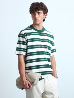 Flying Machine - Mens Horizontal Striped Relaxed Fit T-Shirt Green