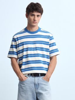 Flying Machine - Mens Horizontal Striped Relaxed Fit T-Shirt Blue