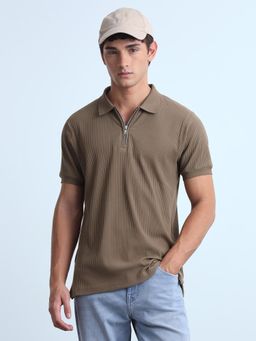 Flying Machine - Mens Textured Vertical Striped Regular Fit Polo Shirt Beige
