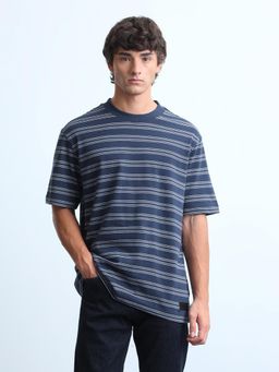 Flying Machine - Mens Horizontal Striped Relaxed Fit T-Shirt Blue