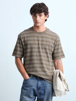 Flying Machine - Mens Horizontal Striped Relaxed Fit T-Shirt Beige